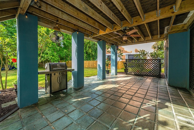 view of patio with grilling area and ceiling fan