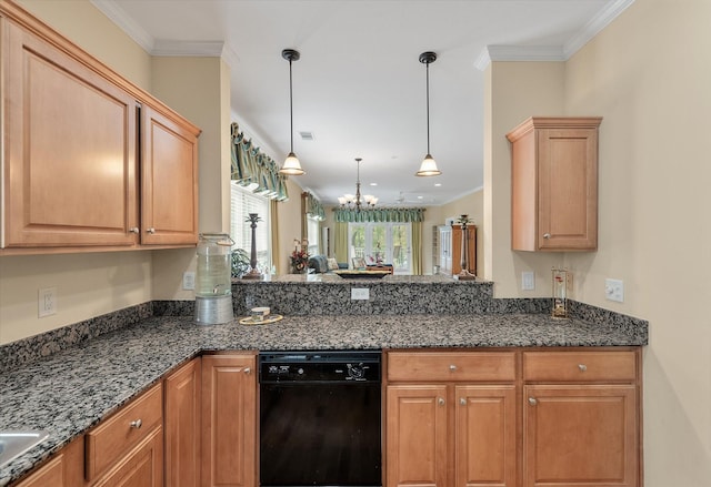 kitchen featuring black dishwasher, a notable chandelier, ornamental molding, and decorative light fixtures