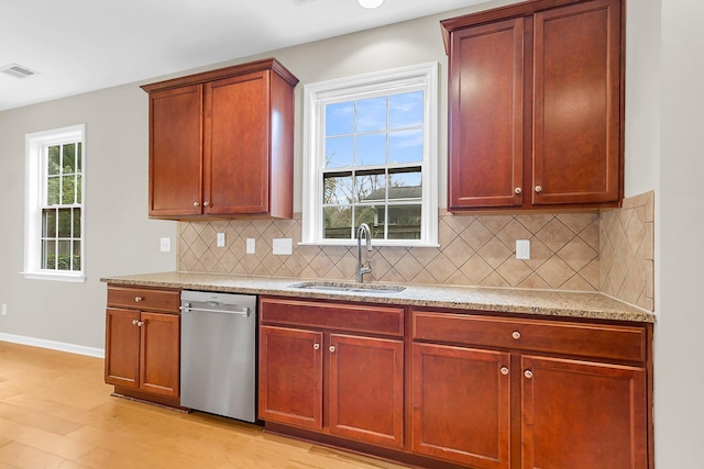 kitchen with light stone counters, a sink, visible vents, light wood-style floors, and stainless steel dishwasher