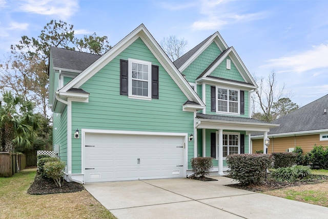 view of front of property with driveway, an attached garage, and fence