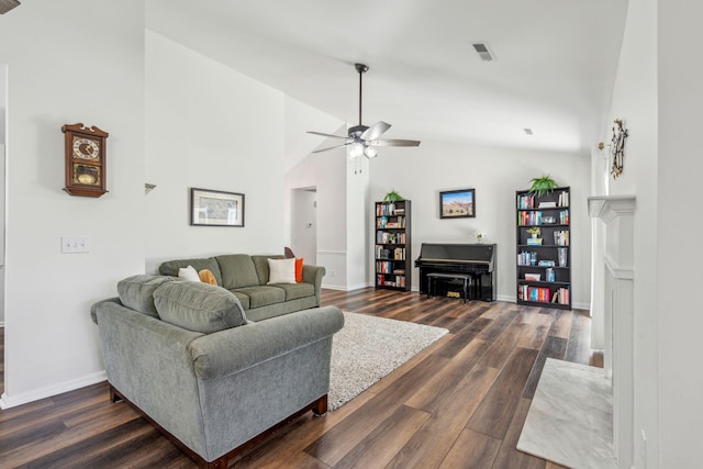 1027 Wayfarer Ln, Charleston, SC 29412 - living area featuring ceiling fan, dark wood-style flooring, baseboards, and high vaulted ceiling