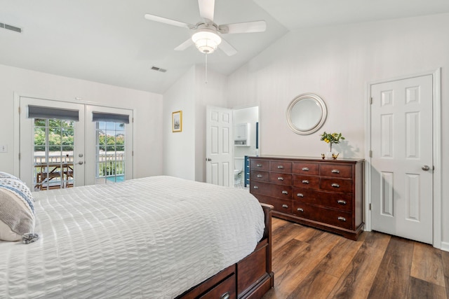 1027 Wayfarer Ln, Charleston, SC 29412 - bedroom featuring french doors, access to outside, lofted ceiling, dark wood-style flooring, and ceiling fan