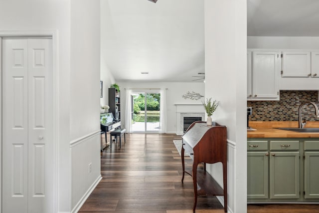 1027 Wayfarer Ln, Charleston, SC 29412 - kitchen featuring a sink, green cabinetry, butcher block countertops, dark wood-type flooring, and backsplash