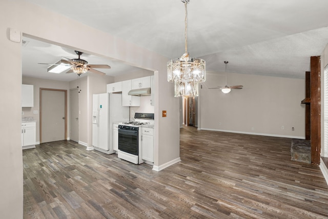 kitchen featuring white cabinets, white appliances, and light countertops