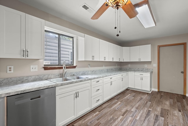 kitchen featuring a sink, visible vents, white cabinetry, light countertops, and stainless steel dishwasher