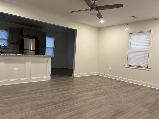 interior space featuring ceiling fan, hardwood / wood-style floors, and sink