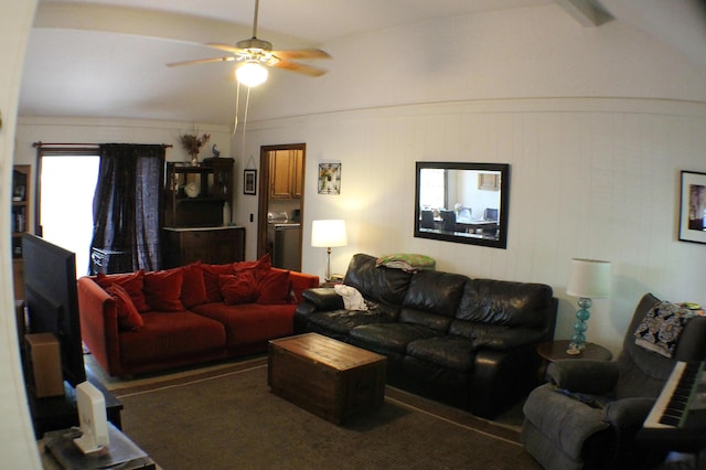 20 Anderson Ave, Charleston, SC 29412 - living area featuring washer / clothes dryer, carpet flooring, ceiling fan, and lofted ceiling