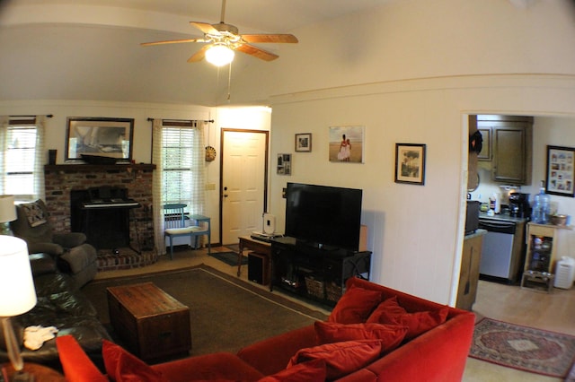 20 Anderson Ave, Charleston, SC 29412 - living area featuring ceiling fan, a wealth of natural light, vaulted ceiling, and a fireplace