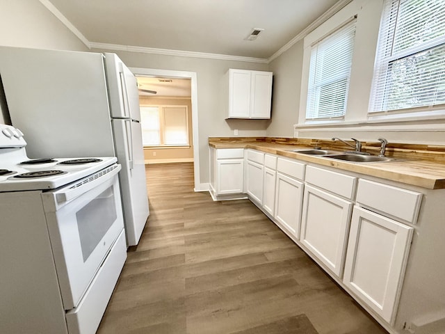 307 Mill St, Walterboro, SC 29488 - kitchen featuring a sink, wood counters, ornamental molding, white cabinetry, and electric stove
