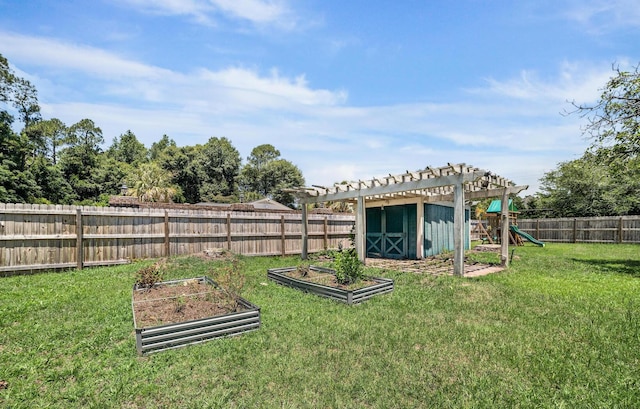 view of yard featuring a pergola and a shed