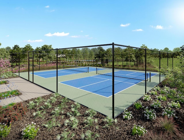 view of tennis court with fence