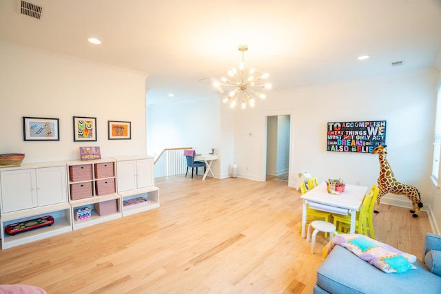 3707 Gambrill Ln, Mount Pleasant, SC 29466 - playroom with a chandelier, light wood finished floors, baseboards, and recessed lighting