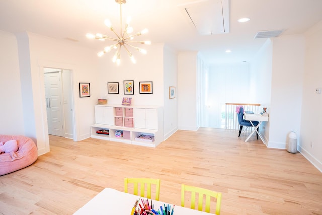 3707 Gambrill Ln, Mount Pleasant, SC 29466 - playroom with attic access, wood finished floors, baseboards, recessed lighting, and a chandelier