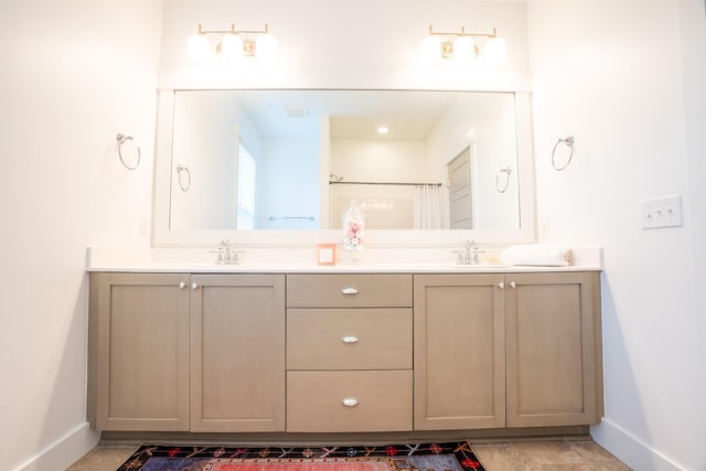 3707 Gambrill Ln, Mount Pleasant, SC 29466 - bathroom featuring baseboards, double vanity, and a shower with curtain