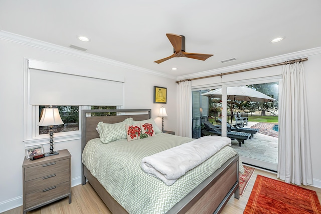 bedroom with visible vents, light wood-style flooring, ornamental molding, access to outside, and baseboards