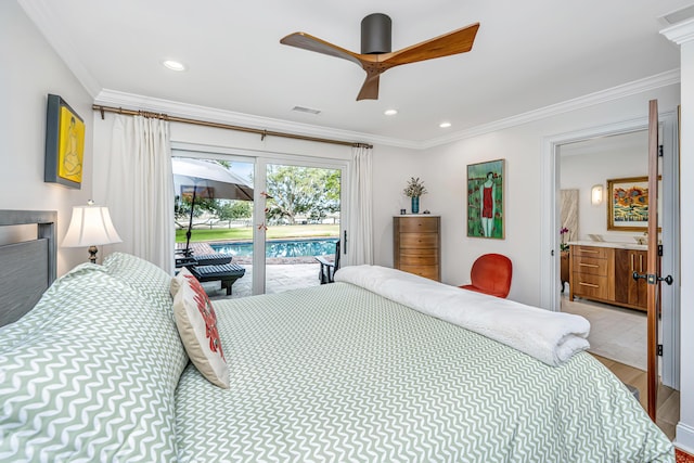 bedroom with access to outside, visible vents, crown molding, and wood finished floors