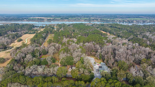 drone / aerial view featuring a water view and a view of trees