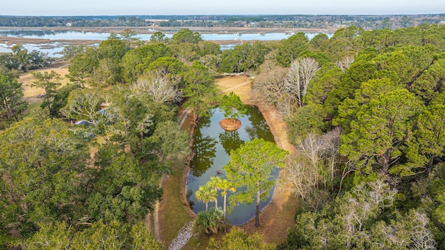 birds eye view of property with a water view and a wooded view