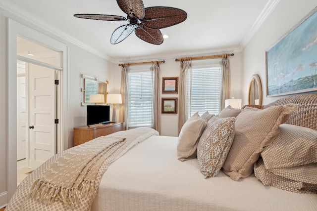 bedroom featuring ornamental molding and a ceiling fan