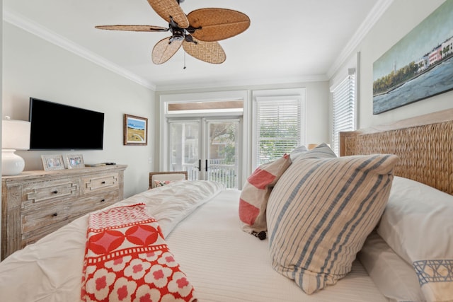 bedroom featuring crown molding, access to outside, and ceiling fan