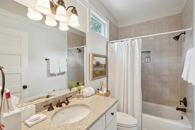 full bathroom with vanity, shower / bath combo, and toilet