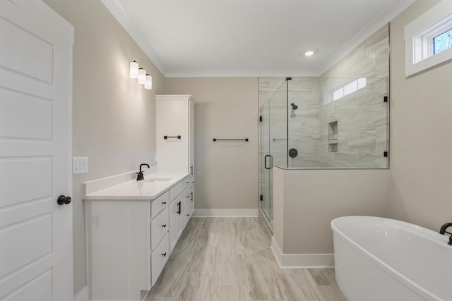 bathroom with vanity, ornamental molding, and shower with separate bathtub