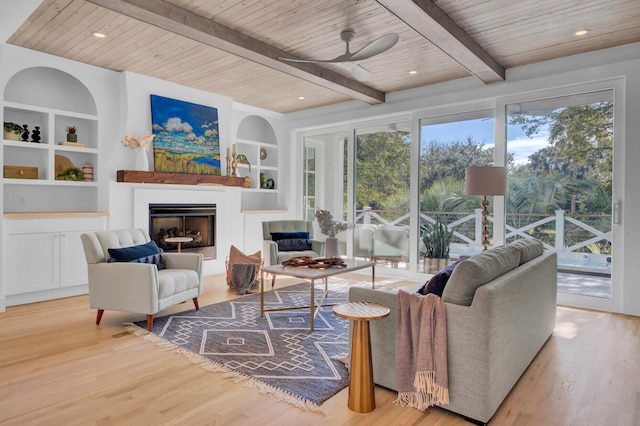 living room with light hardwood / wood-style flooring, beamed ceiling, wood ceiling, and built in features