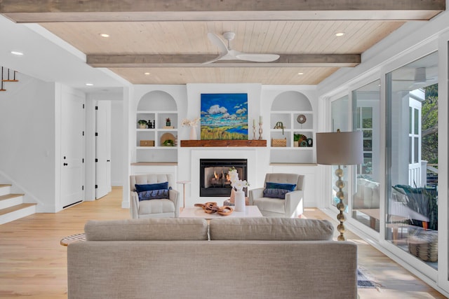 living room featuring beamed ceiling, light wood-type flooring, built in features, and wooden ceiling