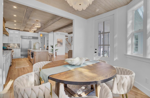 dining area with beam ceiling, light wood-type flooring, and plenty of natural light