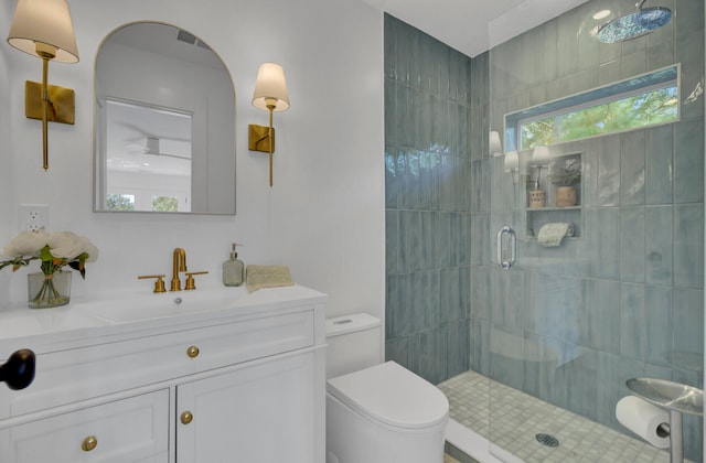 bathroom featuring vanity, toilet, and a shower with door