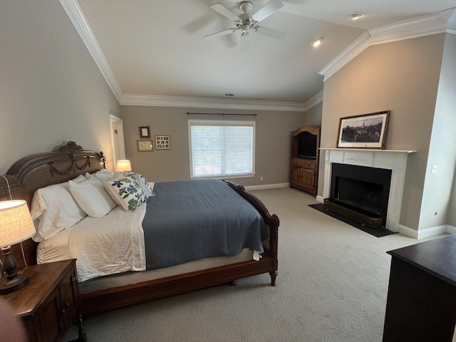 bedroom featuring a fireplace with flush hearth, ornamental molding, light carpet, lofted ceiling, and baseboards