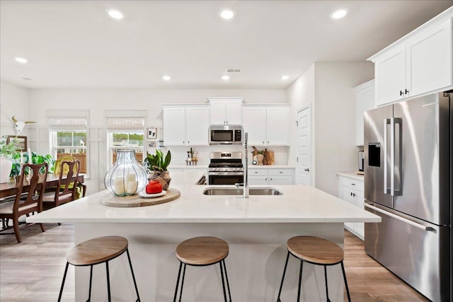 kitchen with a center island with sink, appliances with stainless steel finishes, a kitchen bar, and white cabinetry