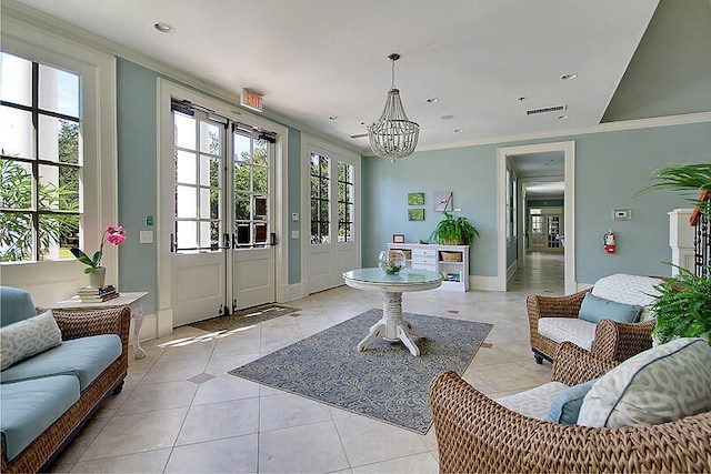 interior space with visible vents, crown molding, light tile patterned floors, recessed lighting, and a notable chandelier