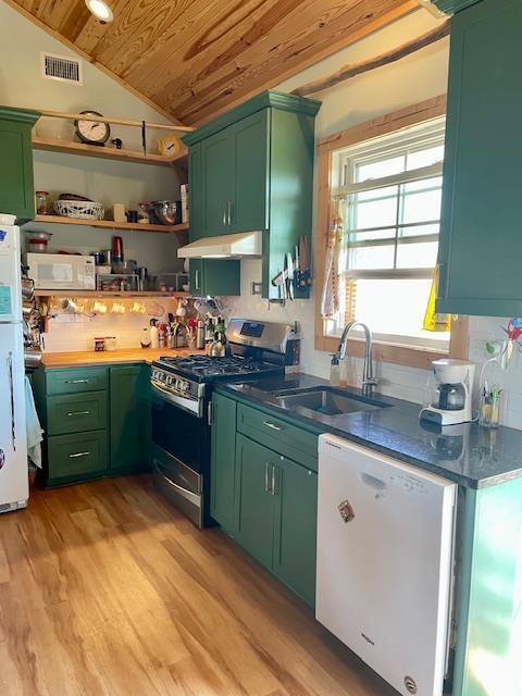 kitchen featuring green cabinets, white appliances, light hardwood / wood-style floors, lofted ceiling, and wooden ceiling