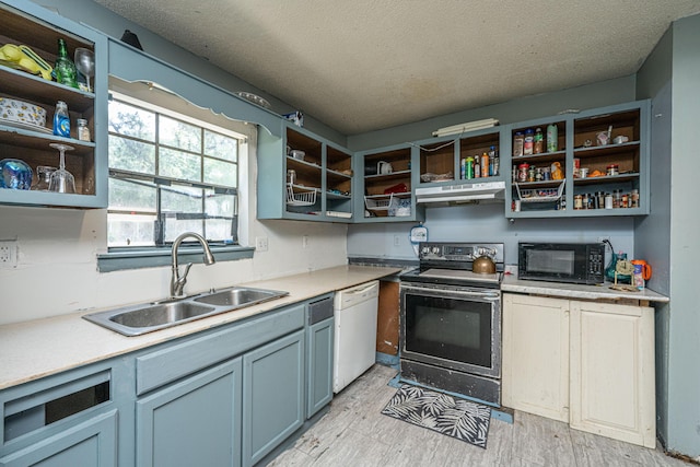 1004 Miles Jamison Rd, Summerville, SC 29485 - kitchen featuring stainless steel electric stove, open shelves, white dishwasher, black microwave, and a textured ceiling