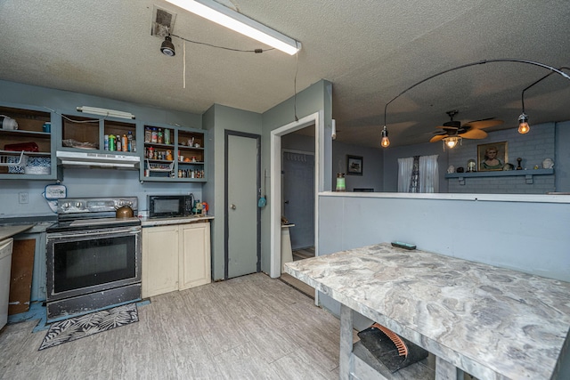 1004 Miles Jamison Rd, Summerville, SC 29485 - kitchen with stainless steel electric stove, black microwave, under cabinet range hood, a textured ceiling, and ceiling fan