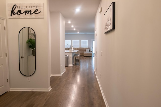 217 Pink Azalea St, Summerville, SC 29485 - hall featuring dark wood-style flooring, baseboards, recessed lighting, and a sink