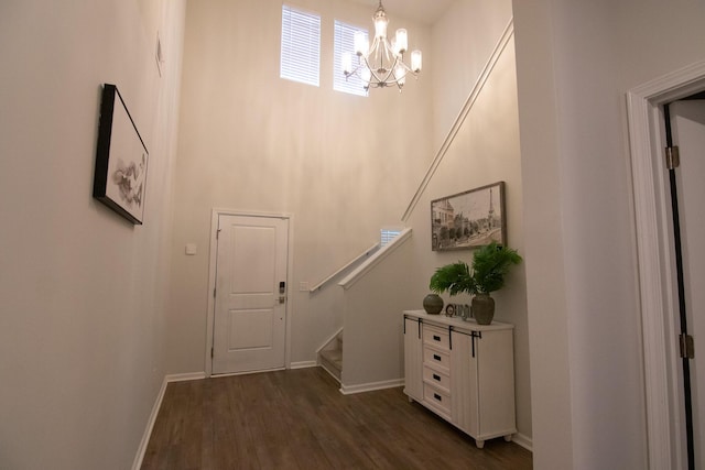 217 Pink Azalea St, Summerville, SC 29485 - doorway to outside featuring dark wood-style flooring, stairs, a notable chandelier, and baseboards