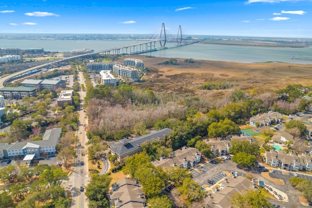 drone / aerial view with a water view