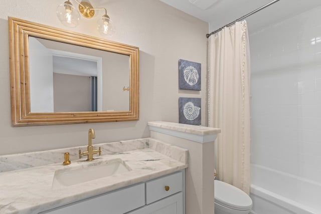 full bath featuring vanity, toilet, and shower / tub combo with curtain