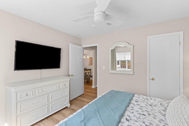 bedroom featuring a ceiling fan, light wood-type flooring, and visible vents