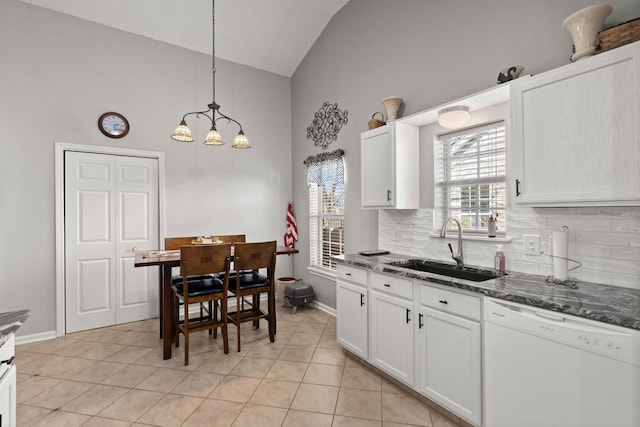 kitchen featuring pendant lighting, backsplash, white cabinetry, a sink, and dishwasher