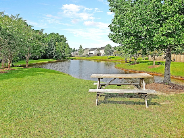 exterior space featuring a yard and a water view