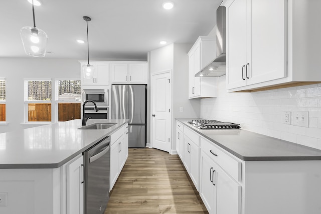 kitchen featuring a sink, tasteful backsplash, wood finished floors, stainless steel appliances, and wall chimney range hood