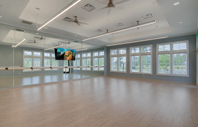 interior space with ceiling fan, a healthy amount of sunlight, a raised ceiling, and light wood-type flooring