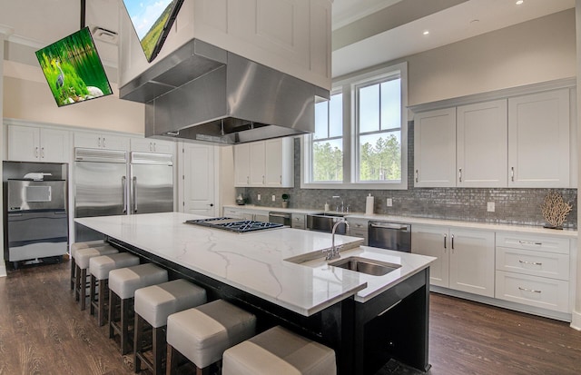 kitchen featuring an island with sink, sink, white cabinets, island exhaust hood, and light stone counters