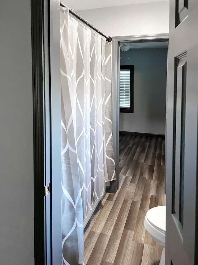 bathroom featuring wood-type flooring and toilet