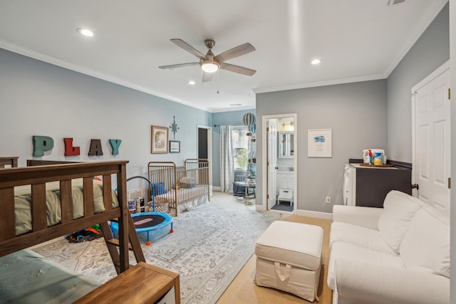 630 Cain Dr, Mount Pleasant, SC 29464 - bedroom featuring recessed lighting, light carpet, ornamental molding, baseboards, and a ceiling fan