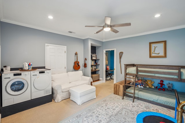 630 Cain Dr, Mount Pleasant, SC 29464 - carpeted bedroom featuring washer and dryer, crown molding, recessed lighting, and a ceiling fan