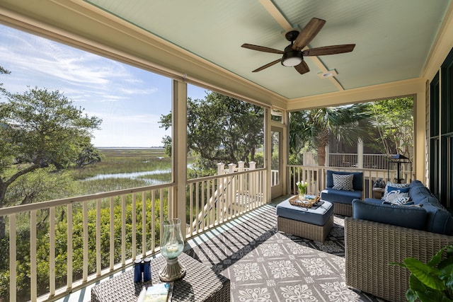 2087 Sterling Marsh Ln, Seabrook Island, SC 29455 - sunroom / solarium featuring a ceiling fan, a water view, outdoor lounge area, and plenty of natural light